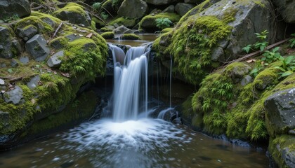 Obraz premium Beautiful summer landscape with a small natural waterfall cascading over rocks in a green forest stream