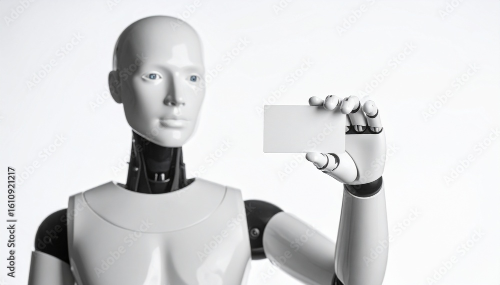 Poster an ai robot holding a blank card in a technological and futuristic scene. this image showcases artif