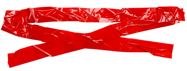 Torn crumpled cross adhesive red tape on transparent background. x sign. 2 piece of cross plastic, glossy shine texture.