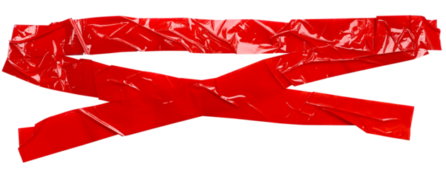 Torn crumpled cross adhesive red tape on transparent background. x sign. 2 piece of cross plastic, glossy shine texture.