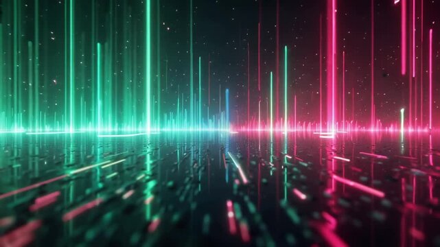 Neon data stream Emeraldpink stripes scroll vertically, cascading downwards like digital rain. Particles trail, glitching, high-energy motion.