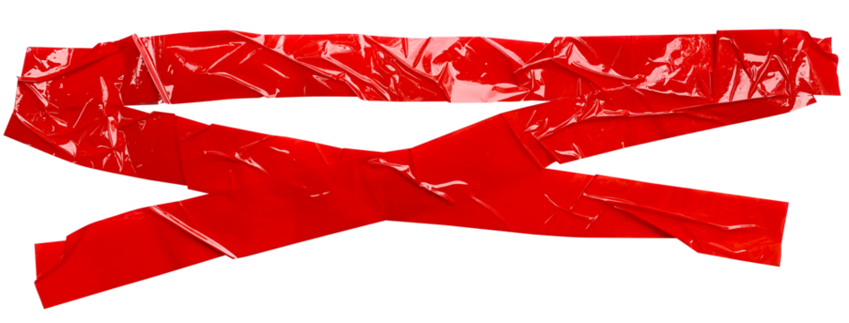 Torn crumpled cross adhesive red tape on transparent background. x sign. 2 piece of cross plastic, glossy shine texture.