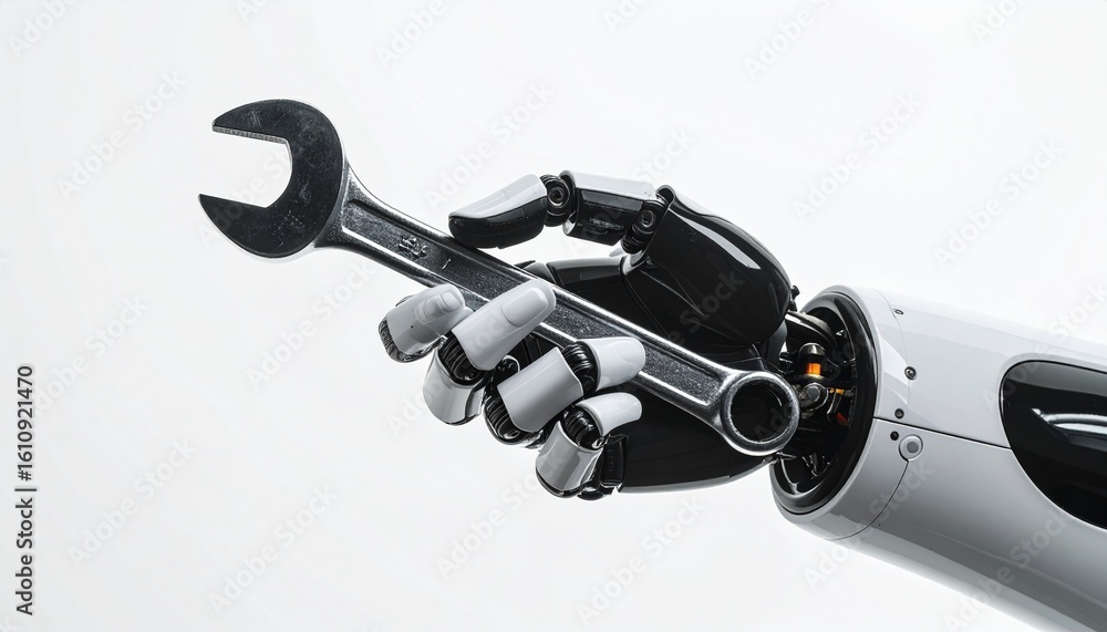 Poster a robotic hand holding a wrench, showcasing technology and automation. it presents an image of futur
