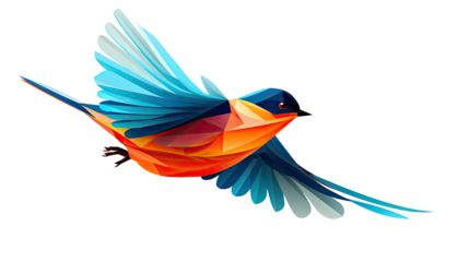 Colorful paper sculpture of an orange and blue robin bird handcrafted art isolated on white background