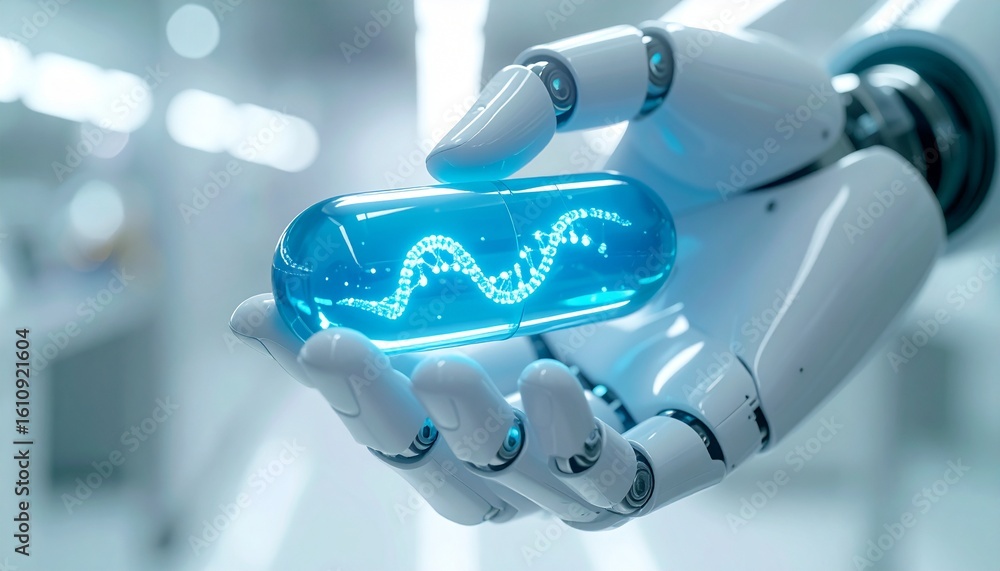 Poster a robotic hand delicately holds a glowing pill with dna pattern inside a laboratory environment. thi