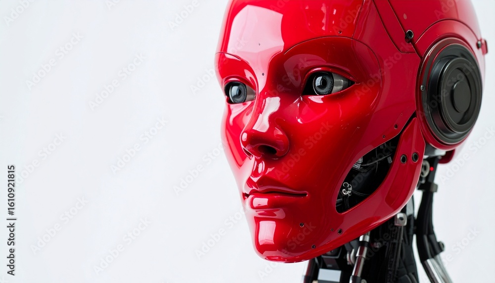 Poster a stunning, close-up portrait of a red robot face, showcasing intricate mechanical details. the robo