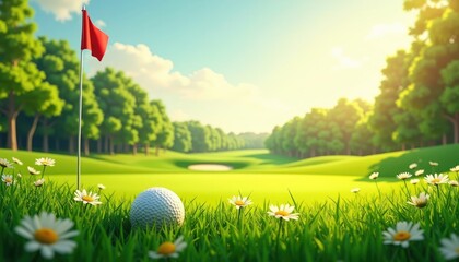 Obraz premium Sunny Golf Course with Golf Ball and Flag, Lush Green Grass and Daisies