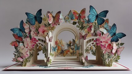 Intricate pop up card design featuring butterflies and a garden archway with floral embellishments