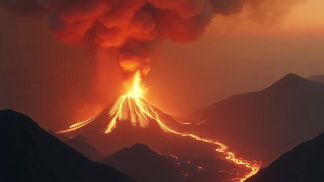 Volcanic rocks catapult through ash clouds, tumbling over erupting mountains. Camera pans across the pyroclastic flow, slowly zooming out.