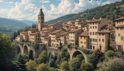Fototapeta premium Ancient medieval town view architecture with a panoramic landscape sky
