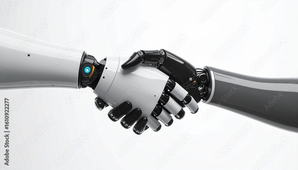 Poster two robotic hands shake in a gesture of collaboration and futuristic technology. a moment that captu