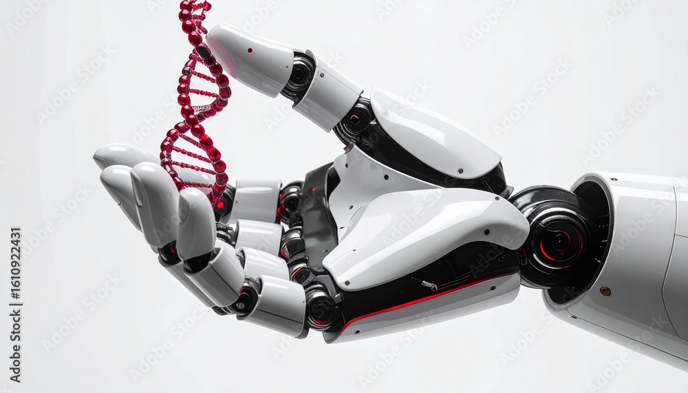 Poster a robotic hand delicately holding a dna strand, representing technology's influence on genetic scien
