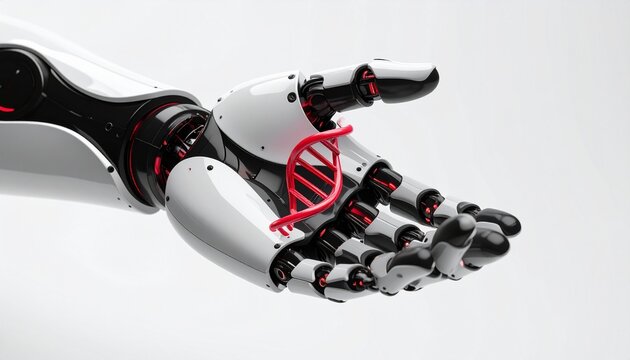 A robotic hand holding a DNA strand, a symbol of advanced technology and scientific progress