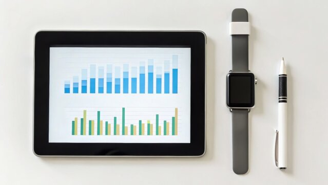 A tablet displaying bar graphs is positioned next to a smartwatch and a pen on a clean surface, suggesting a tech-oriented workspace.
