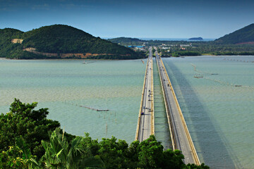 Scenery of Tinsulanonda bridge at Koh Yor is the Long concrete bridge in Songkhla Province, Thailand