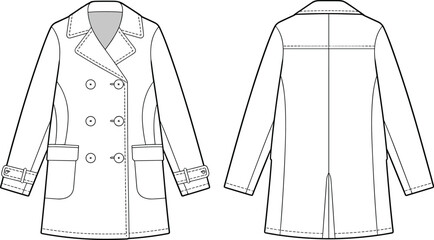 CAD drawing flat vector illustration of double-breasted coat, front and back views, fashion outerwear sketch, technical garment layout, structured coat design, winter apparel
