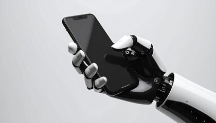 A futuristic robot hand holding a smartphone, symbolizing advanced technology and communication. The hand has a sleek design, highlighting the intersection of robotics and mobile technology