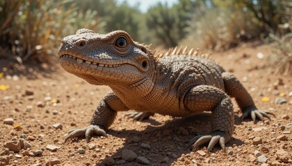 Fototapeta premium Land reptile iguana, a wild animal with scales similar to a dragon in nature