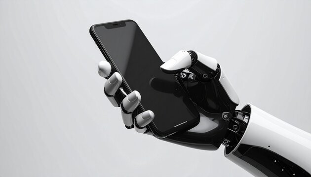 A futuristic robot hand holding a smartphone, symbolizing advanced technology and communication. The hand has a sleek design, highlighting the intersection of robotics and mobile technology