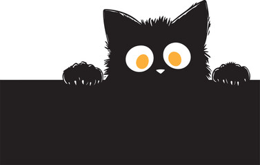 Black Silhouette of Wide Eyed Cat Peeking Over Windowsill with Paws Out