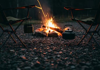 Campfire Night Serenity: Cozy Camp Chairs, Kettle, and Embers Glow