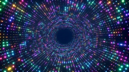 Abstract colorful glowing dots forming a tunnel, glowing lights background. Digital data stream, technological background. Dot data digital futuristic tunnel. - Powered by Adobe