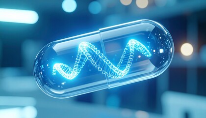A futuristic capsule encapsulating a DNA helix, symbolizing innovation in medicine and biotechnology