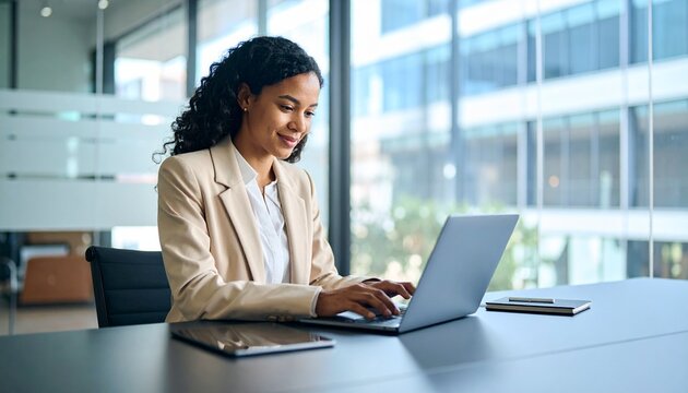 A businesswoman types on a laptop keyboard while a digital tablet with a reflection of her hand is on an office table, representing online work and remote employment.
