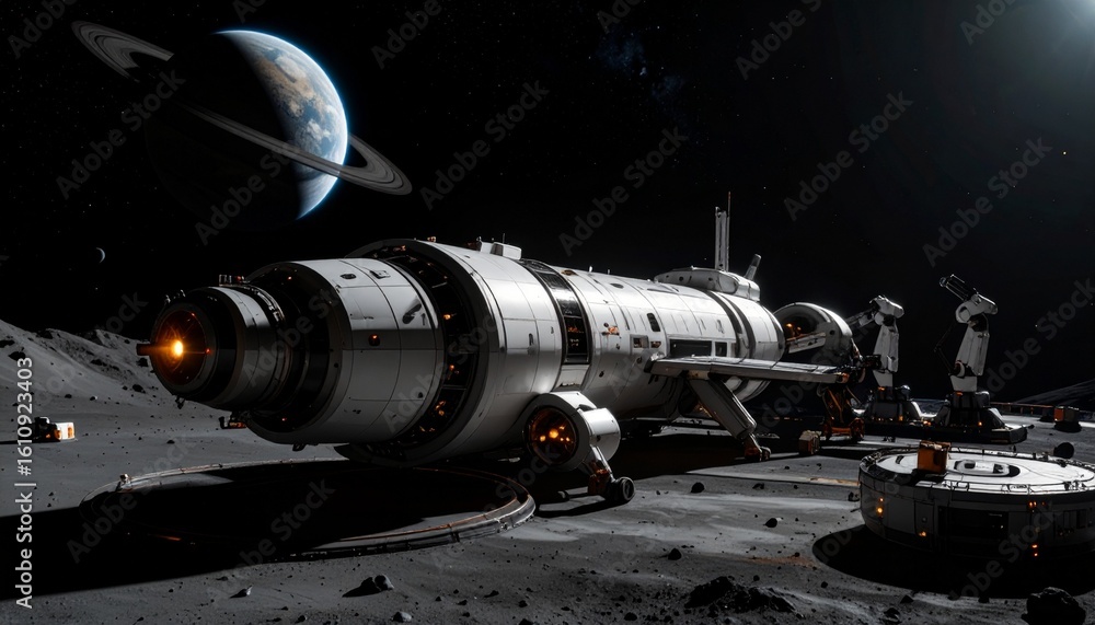 Poster a detailed image showing a spaceship on the moon's surface, with planets and the vastness of space i