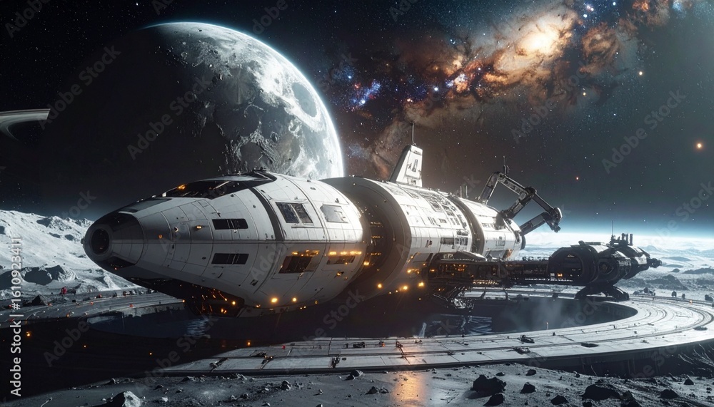 Poster a spaceship on the moon, with a backdrop of a galaxy and a large planet