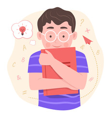 Happy Cute Student Pupil Boy Hugging a Book and Imagine for Reading and Education Concept Illustration Clip Art