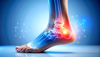 Human Foot Anatomy with Ankle Pain and Bone Structure Highlight: Medical Illustration