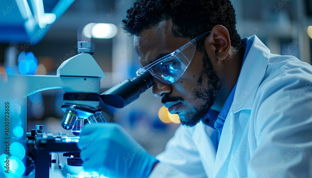 Aufkleber scientist using microscope in a laboratory. the scientist is wearing protective eyewear and gloves, 