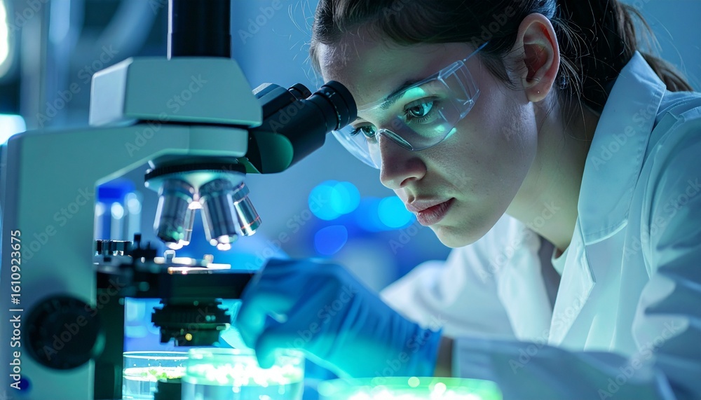 Poster a scientist intently examines a sample through a microscope in a brightly lit laboratory. the scient