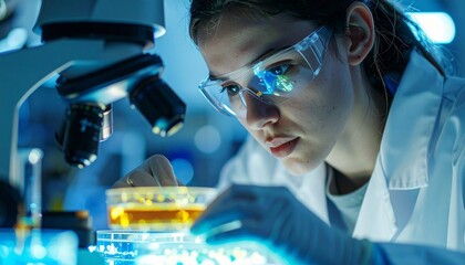 A dedicated scientist meticulously examines a sample through a microscope, deeply immersed in their research