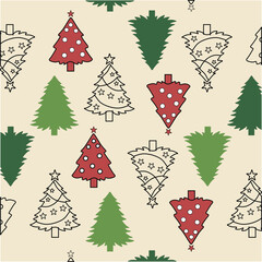This cheerful seamless pattern features a variety of red, green, and outlined Christmas trees, with star decorations, perfect for the holiday season.