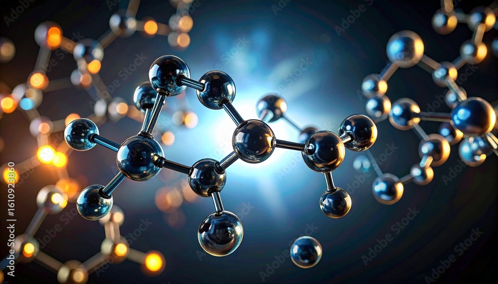 Poster molecular structure with atoms and connections, representing scientific research and innovation. an 