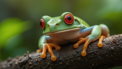 The colorful red-eyed frog, a small amphibian in the wild, is a fascinating animal often found isolated on green leaves in nature.