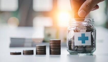 A person's hand carefully adding a coin into a jar with a cross symbol, suggesting financial planning for healthcare