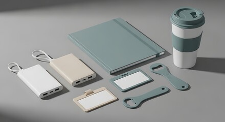 Elegant mockup featuring promotional business merchandise on a neutral background