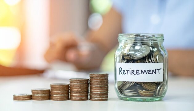 Concept of a retirement savings plan with growing stacks of coins and a jar filled with money. The image conveys financial planning and security for the future