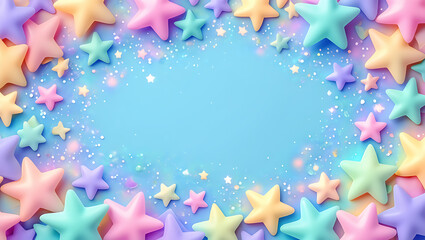 Pastel stars scattered on a blue background with sparkling glitter pink yellow