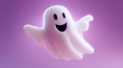 Obraz premium Cute 3D cartoon ghost with a happy expression floats against a vibrant purple background, evoking a playful Halloween theme.