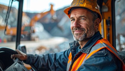 An experienced construction worker in a vehicle smiles at the camera, embodying competence. He wears a hard hat and safety vest, conveying safety