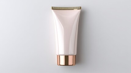 Minimalist white cosmetic tube with gold accents on a light gray background, suitable for skincare or beauty product branding.