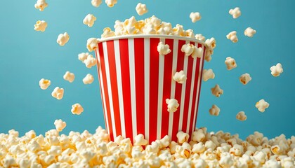Classic red and white striped popcorn bucket overflowing, popcorn kernels flying around, texture, illustration