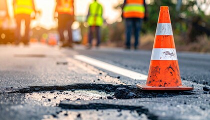 Road construction scene with road cone and workers in background
