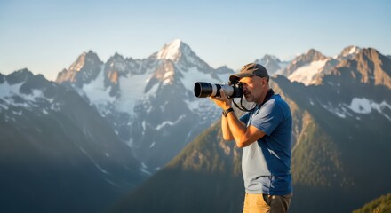 Focused Photographer with Telephoto Lens Capturing Majestic Alpine Peaks at Sunrise