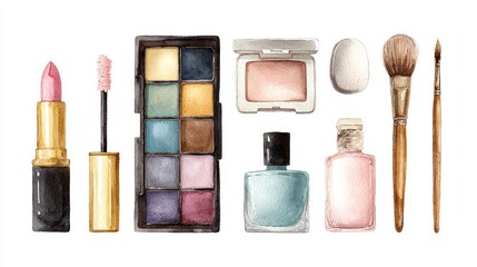 Watercolor illustration of makeup items including lipstick, eye shadow palette, blush, nail polish, perfume, brushes, and sponge on a white background.