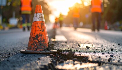 Traffic cone and road workers at a construction site. An orange traffic cone stands in the foreground with road workers visible in the background